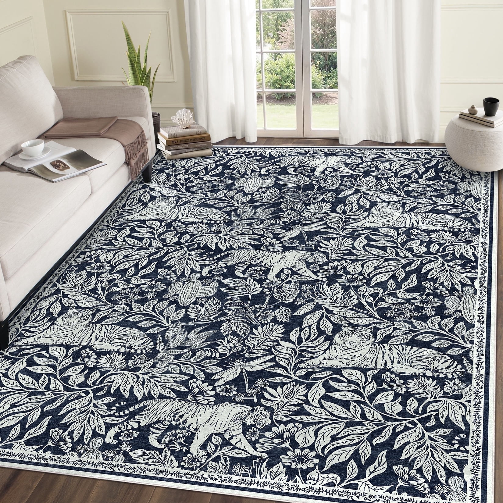 Garvee 8x10 Modern Abstract Print Rugs, Washable Living Room Rug Non Slip Non-Shedding Forest Tiger Floor Rugs Carpet, Soft Stain Resistant Indoor Rug for Dining Room Bedroom, Blue