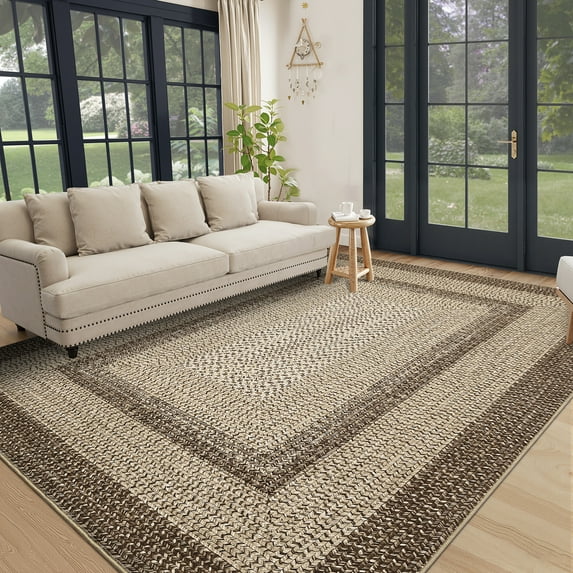 Garvee 8'x10' Printed Braided Rugs Farmhouse Bordered Carpet, Machine Washable Indoor Area Rug Non-Slip Low Pile Rugs for Living Room Bedroom Home Decor, Natural
