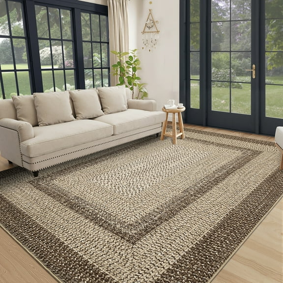 Garvee 8'x10' Printed Braided Rugs Farmhouse Bordered Carpet, Machine Washable Indoor Area Rug Non-Slip Low Pile Rugs for Living Room Bedroom Home Decor, Natural