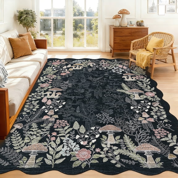 Garvee 8'x10' Scalloped Area Rug Washable Botanical Mushroom Rugs with Non Slip Backing, Low Pile Floral Printed Indoor Carpet for Bedroom Living Room Home Office, Black