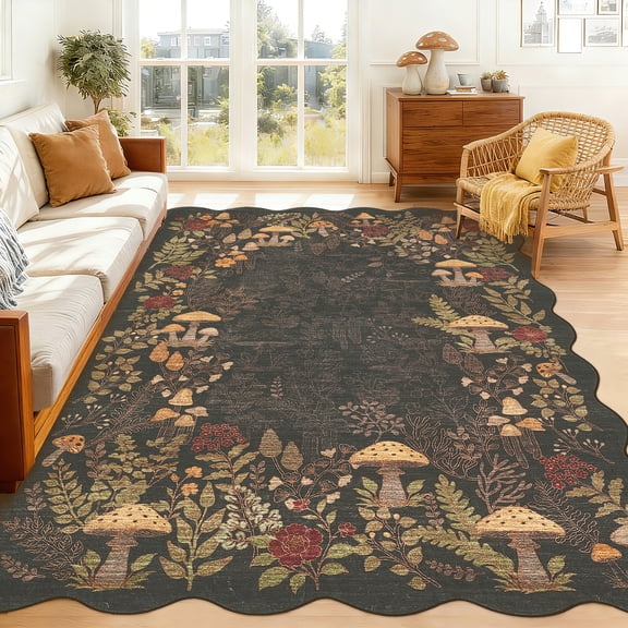 Garvee 8'x10' Scalloped Area Rug Washable Botanical Mushroom Rugs with Non Slip Backing, Low Pile Floral Printed Indoor Carpet for Bedroom Living Room Home Office, Brown