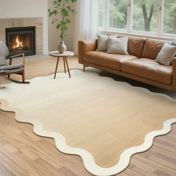 Garvee 8'x10' Scalloped Area Rugs Modern Abstract Washable Rug, Neutral Farmhouse Carpet Non-Slip Low Pile Indoor Rug for Living Room Bedroom Home Office, Beige