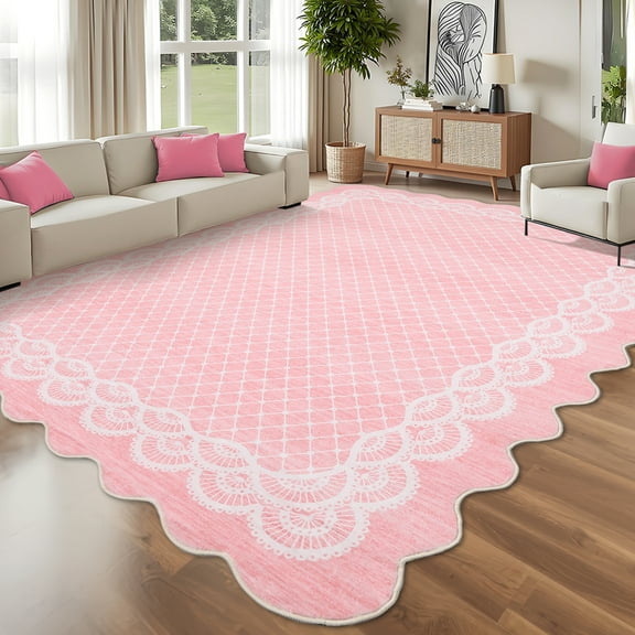 Garvee 8'x10' Scalloped Area Rugs Modern Bordered Carpet, Washable Rug Non-Slip Contemporary Accent Rug Low Pile Indoor Mat for Living Room Bedroom Dining Room, Pink