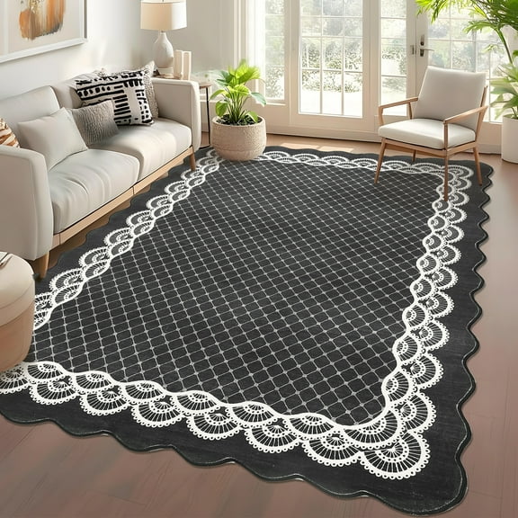 Garvee 8'x10' Scalloped Area Rugs Modern Bordered Carpet, Washable Rug Non-Slip Contemporary Accent Rug Low Pile Indoor Mat for Living Room Bedroom Dining Room, Black