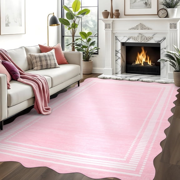 Garvee 8'x10' Scalloped Bordered Area Rugs, Modern Abstract Aesthetic Washable Rug Soft Living Room Rug Irregular Non-Slip Carpet for Bedroom Dining Room, Pink