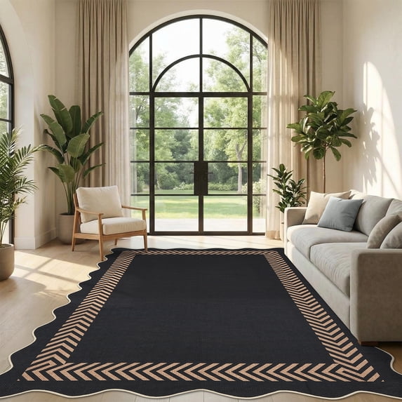 Garvee 8'x10' Scalloped Easy Jute Area Rug Geometric Washable Carpet, Non Slip Indoor Outdoor Rug for Living Room Bedroom Patio Backyard, Black Coffee