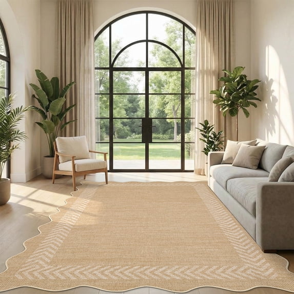 Garvee 8'x10' Scalloped Easy Jute Area Rug Geometric Washable Carpet, Non Slip Indoor Outdoor Rug for Living Room Bedroom Patio Backyard, Linen Beige