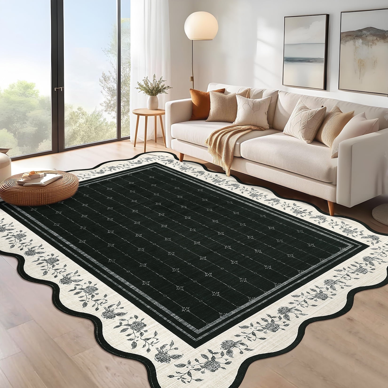 Garvee 8'x10' Scalloped Area Rug Modern Floral Bordered Carpet, Machine Washable Rug with Non Slip Backing Soft Foldable Mat for Living Room Bedroom Dining Room, Black