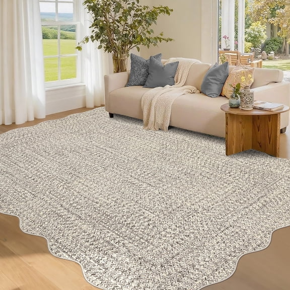 Garvee 8'x10' Scalloped Rug Farmhouse Braided Print Carpet, Washable Rug Soft Non Slip Low Pile Rug Indoor Neutral Carpet for Living Room Bedroom Dining Room, Beige Gray