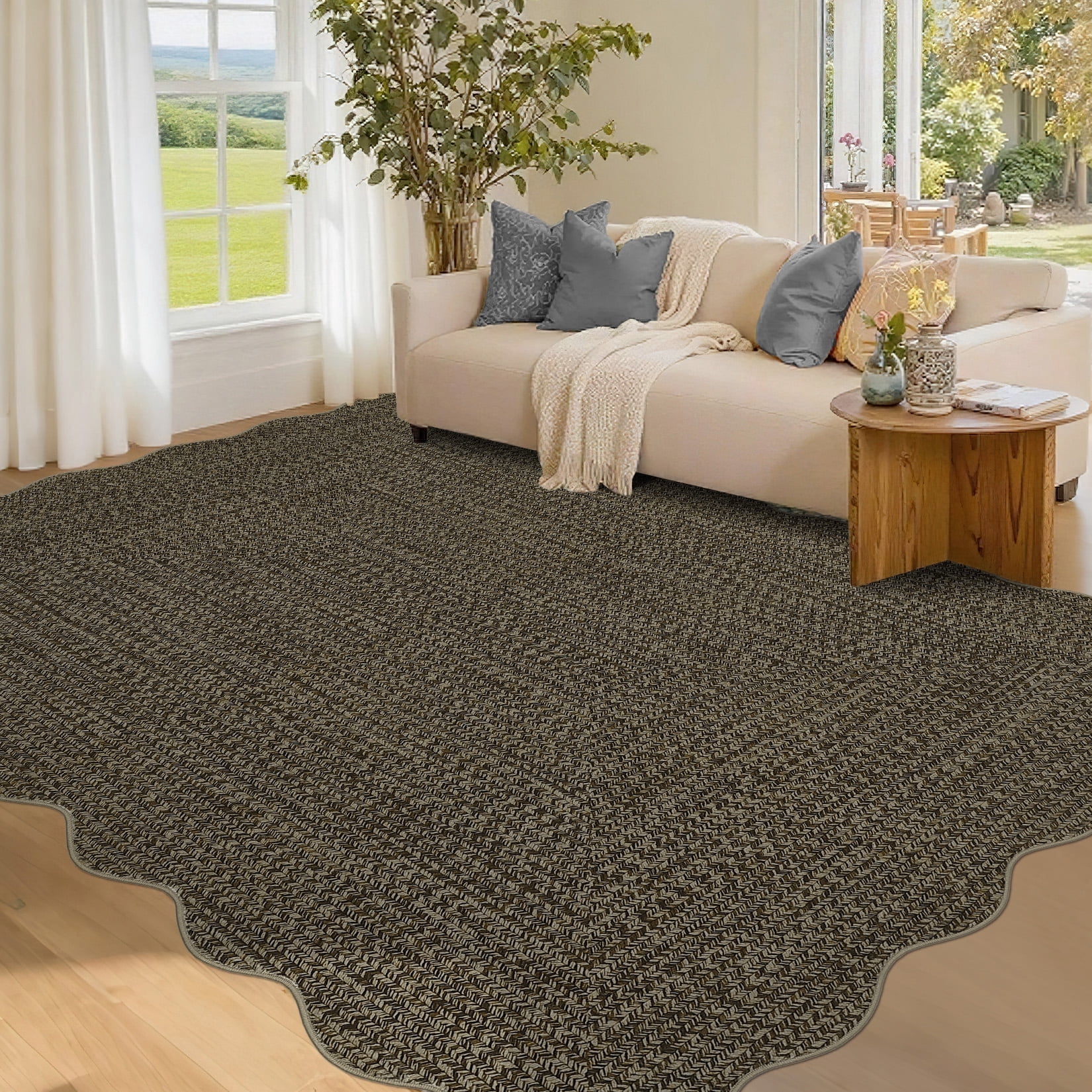 Garvee 8'x10' Scalloped Rug Farmhouse Braided Print Carpet, Washable Rug Soft Non Slip Low Pile Rug Indoor Neutral Carpet for Living Room Bedroom Dining Room, Brown