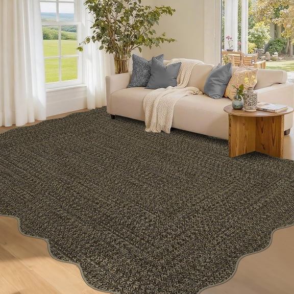 Garvee 8'x10' Scalloped Rug Farmhouse Braided Print Carpet, Washable Rug Soft Non Slip Low Pile Rug Indoor Neutral Carpet for Living Room Bedroom Dining Room, Brown