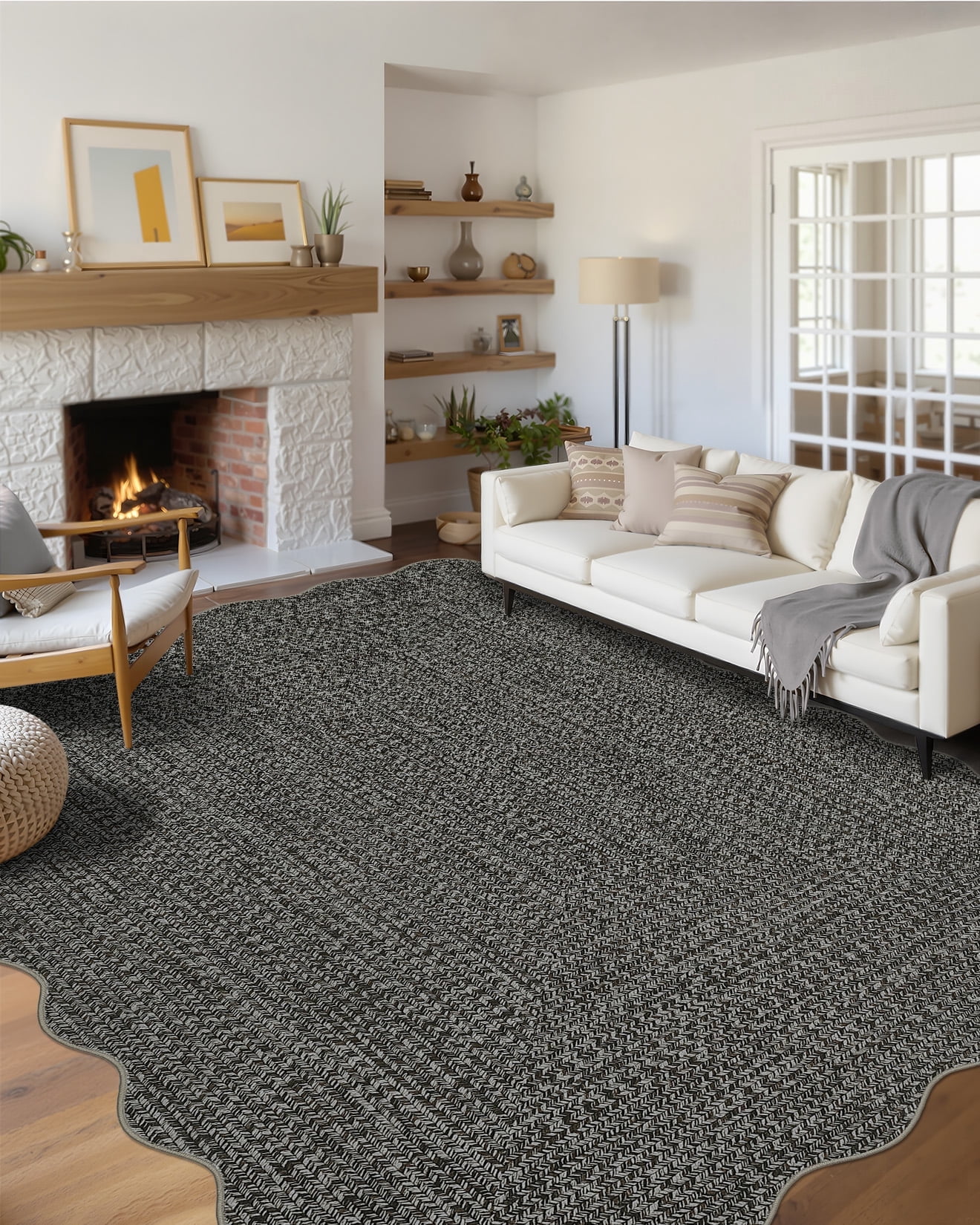 Garvee 8'x10' Scalloped Rug Farmhouse Braided Print Carpet, Washable Rug Soft Non Slip Low Pile Rug Indoor Neutral Carpet for Living Room Bedroom Dining Room, Gray Brown