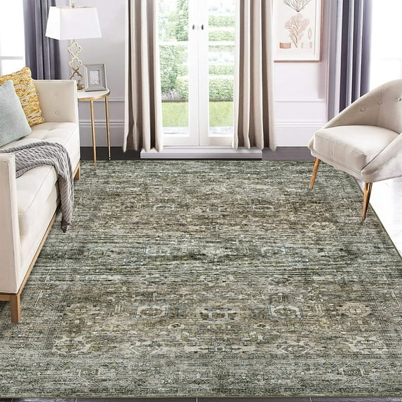 Garvee 8'x10' Vintage Area Rugs, Machine Washable Indoor Rug Non-Slip Carpets for Living Room Bedroom Dining Room Farmhouse, Low Pile Traditional Distressed Rugs, Green