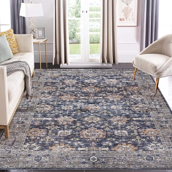 Garvee 8'x10' Vintage Area Rugs, Machine Washable Indoor Rug Non-Slip Carpets for Living Room Bedroom Dining Room Farmhouse, Low Pile Traditional Distressed Rugs, Dark Blue