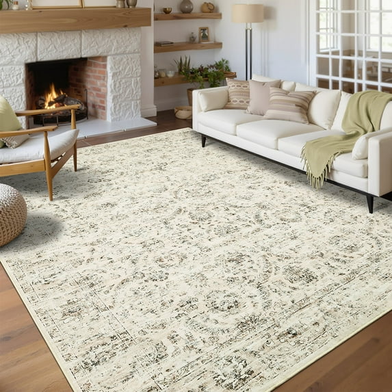 Garvee 8'x10' Vintage Area Rugs Washable Rugs, Non Slip Low Pile Rug Stain Resistant Contemporary Indoor Soft Carpet for Living Room Bedroom Dining Room, Beige