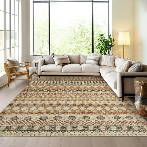 Garvee 8'x10' Vintage Boho Geometric Area Rug Stain-Resistant Non Shedding Rug Soft Foldable Accent Rugs Home Decor, Brown Beige