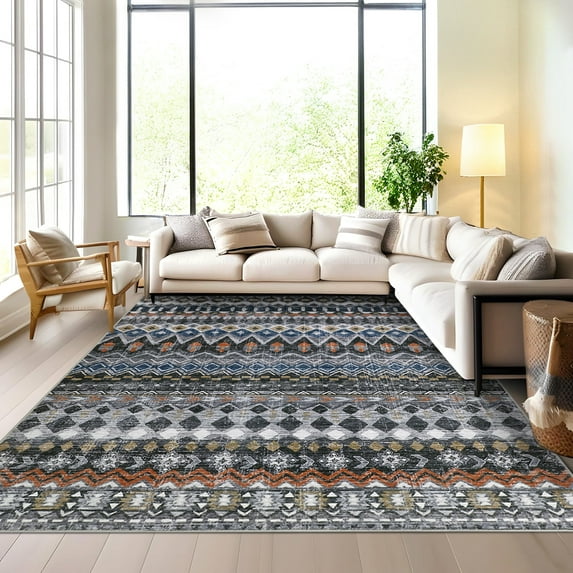 Garvee 8'x10' Vintage Boho Geometric Area Rug Stain-Resistant Non Shedding Rug Soft Foldable Accent Rugs Home Decor, Gray Multi