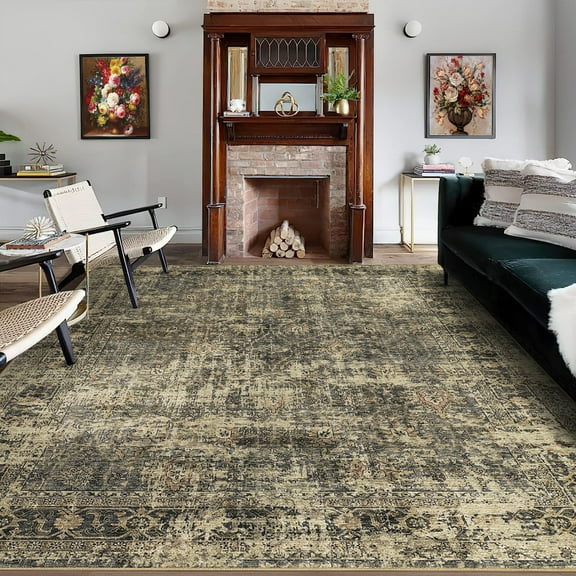Garvee 8'x10' Vintage Distressed Area Rug Machine Washable Rug Non-Shedding Stain-Resistant Area Rugs for Dining Room Home Office, Green