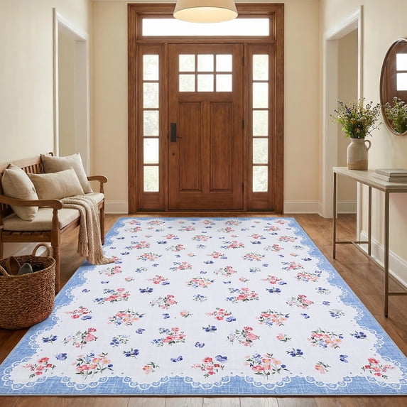 Garvee 8'x10' Vintage Floral Area Rug Scalloped Lace Border Rug, Washable Non Slip Indoor Carpet for Bedroom Living Room Home Decor, Blue