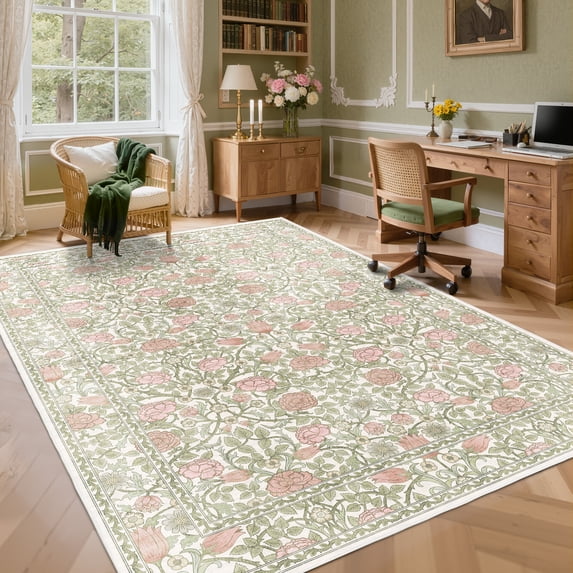 Garvee 8'x10' Vintage Floral Area Rug Washable Botanical Carpet, Non Slip Boho Indoor Rug for Living Room Bedroom Home Office, Beige Pink