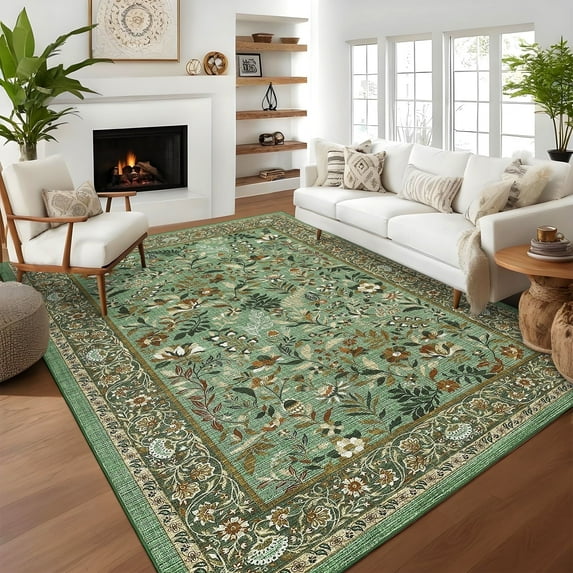 Garvee 8'x10' Vintage Floral Area Rugs Washable Botanical Printed Rugs Carpet, Low Pile Non Slip Oriental Rug Stain Resistant Indoor Rugs for Living Room Bedroom Dining Room, Light Green