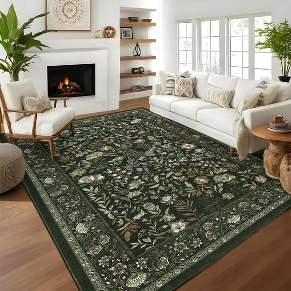 Garvee 8'x10' Vintage Floral Area Rugs Washable Botanical Printed Rugs Carpet, Low Pile Non Slip Oriental Rug Stain Resistant Indoor Rugs for Living Room Bedroom Dining Room, Dark Green