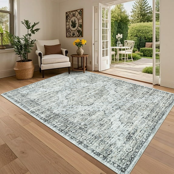 Garvee 8'x10' Vintage Floral Print Area Rugs with Non-Slip Backing, Washable Rug Oriental Distressed Carpet Soft Low Pile Indoor Mats for Living Room Bedroom Dining Room, Blue