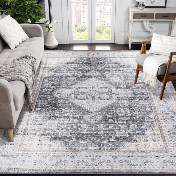 Garvee 8'x10' Vintage Floral Print Rug Machine Washable Area Rug Persian Distressed Rug with Non-Slip Backing for Dining Room Home Office, Black Gray