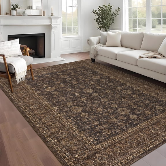 Garvee 8'x10' Vintage Floral Area Rug, Traditional Oriental Distressed Carpet, Machine Washable Non Slip Low Pile Stain Resistant Indoor Rug for Living Room Bedroom Dining Room Home Decor, Brown
