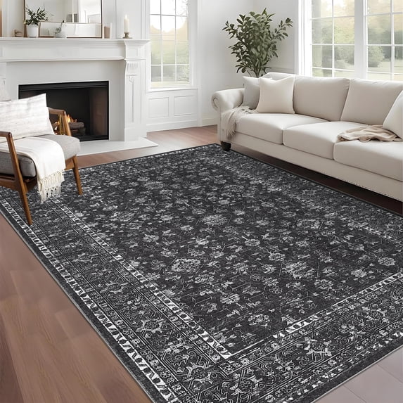 Garvee 8'x10' Vintage Floral Area Rug, Traditional Oriental Distressed Carpet, Machine Washable Non Slip Low Pile Stain Resistant Indoor Rug for Living Room Bedroom Dining Room Home Decor, Black