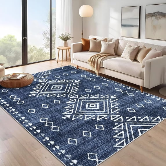 Garvee 8'x10' Vintage Geometric Area Rug Living Room Rug Soft Non-Shedding Stain-Resistant Carpet for Dining Room Office, Blue