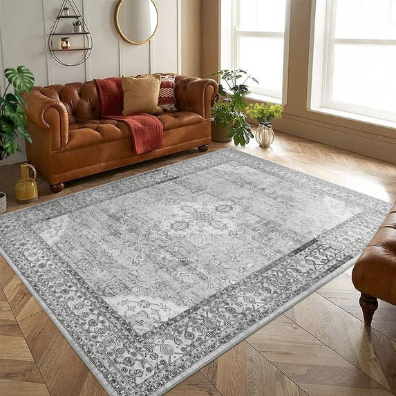 Garvee 8'x10' Vintage Persian Rug Machine Washable Boho Area Rugs Stain-Resistant Non-Shedding Rug for Dining Room Home Office, Gray