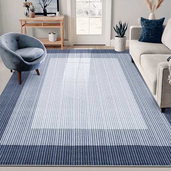 Garvee 8'x10' Washable Area Rug Bordered Rug Non-Shedding Stain-Resistant Area Rugs for Dining Room Home Office, Blue