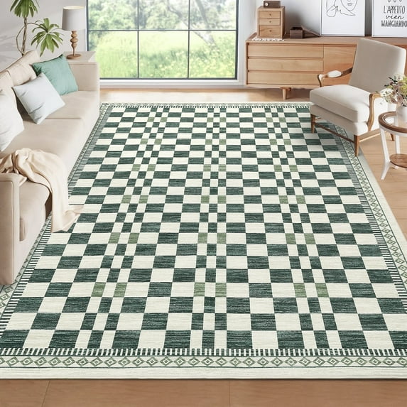 Garvee 8'x10' Checkered Area Rug Farmhouse Washable Rug, Soft Non-Slip Rugs Stain-Resistant Geometric Indoor Carpet for Living Room Bedroom Playroom, Green
