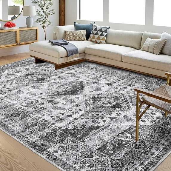 Garvee 8'x10' Washable Boho Rug Living Room Area Rug Vintage Persian Floral Non-Slip Non-Shedding Rug Oriental Distressed Carpet Rug Home Decor, Gray Black