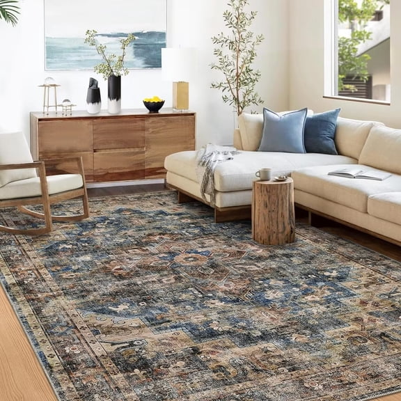 Garvee 8'x10' Washable Rugs Boho Tribal Rug Vintage Persian Distressed Area Rug Floral Print Floor Carpet Oriental Carpet for Dining Room Home Office, Blue/Brown