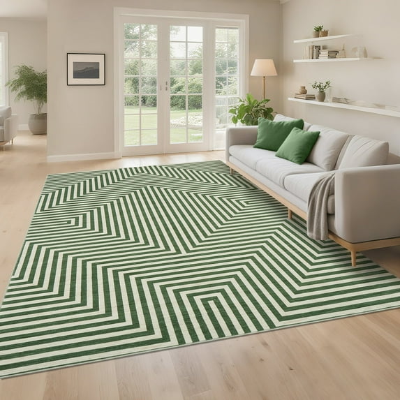 Garvee 8'x10' Washable Rugs Modern Abstract Striped Area Rugs, Non-Slip Contemporary Accent Rug Low Pile Indoor Geometric Carpet for Living Room Bedroom Dining Room, Green
