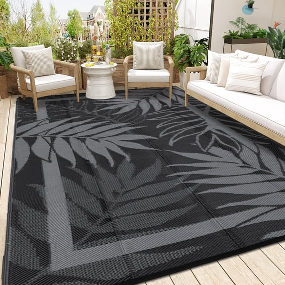 Garvee 8'x10' Waterproof Outdoor Rug Leaf Pattern Bordered Plastic Patio Mat, Modern Reversible Non-Slip Outdoor Carpet for Camping, RV, Balcony, Porch, Picnic, Black