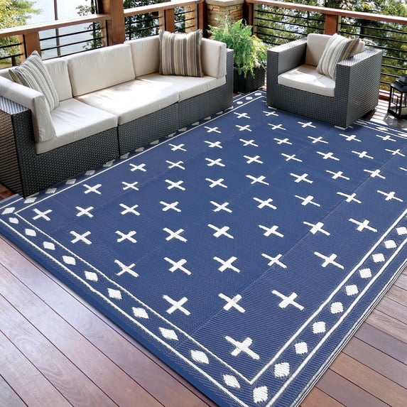 Garvee 8'x10' Waterproof Outdoor Rug Modern Bordered Reversible Outdoor Carpet, Plastic Straw Rug Portable RV Picnic Camping Mat for Garden Backyard Deck Balcony, Dark Blue