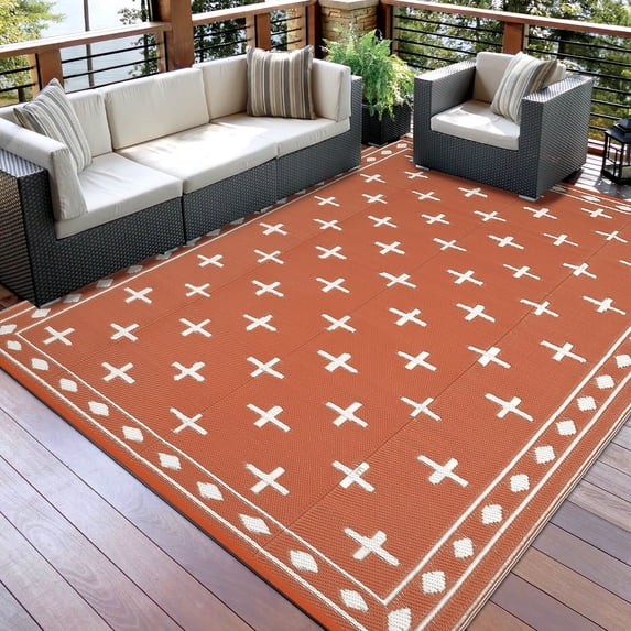 Garvee 8'x10' Waterproof Outdoor Rug Modern Bordered Reversible Outdoor Carpet, Plastic Straw Rug Portable RV Picnic Camping Mat for Garden Backyard Deck Balcony, Orange
