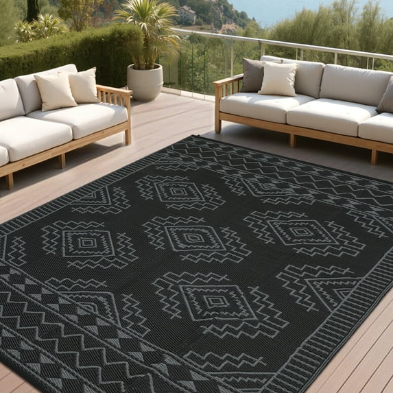 Garvee 8'x10' Waterproof Outdoor Rug, Modern Reversible Plastic Straw Patio Rug Foldable Lightweight RV Picnic Mat, Geometric Outdoor Carpet for Deck Balcony Porch, Black and Gray