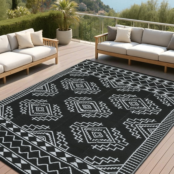 Garvee 8'x10' Waterproof Outdoor Rug, Modern Reversible Plastic Straw Patio Rug Foldable Lightweight RV Picnic Mat, Geometric Outdoor Carpet for Deck Balcony Porch, Black and White