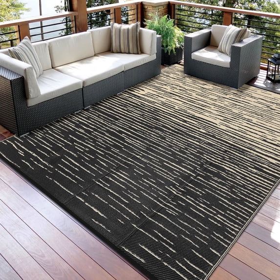 Garvee 8'x10' Waterproof Outdoor Rugs Modern Solid Plastic Straw Rugs, Reversible Outdoor Camping Carpet for Porch Deck Backyard Balcony, Black Brown