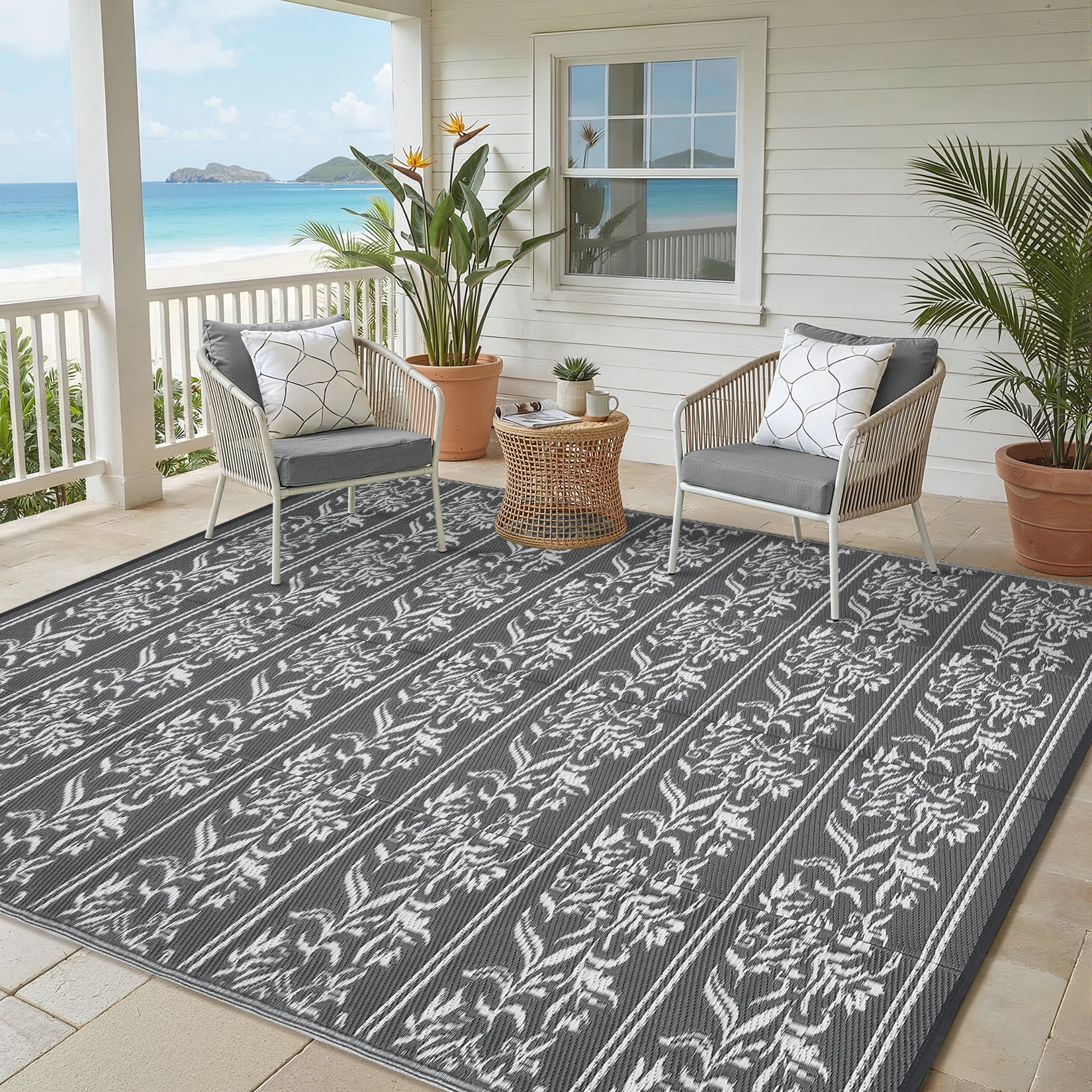 Garvee 8'x10' outdoor Rug Waterproof Print Camping Carpet, Reversible Plastic Straw Rug Indoor Outdoor Rug for Patio RV Balcony Deck Backyard, Gray White