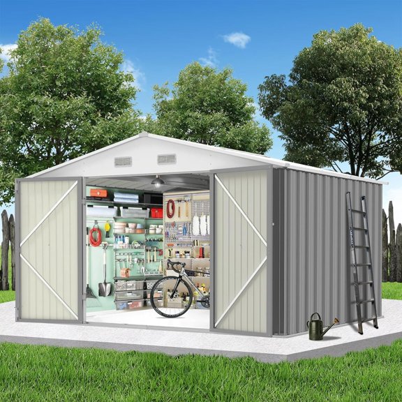 Garvee 8'x8' Outdoor Metal Storage Shed for Backyard, Galvanized Steel Garden Shed with Lockable Doors, Gray