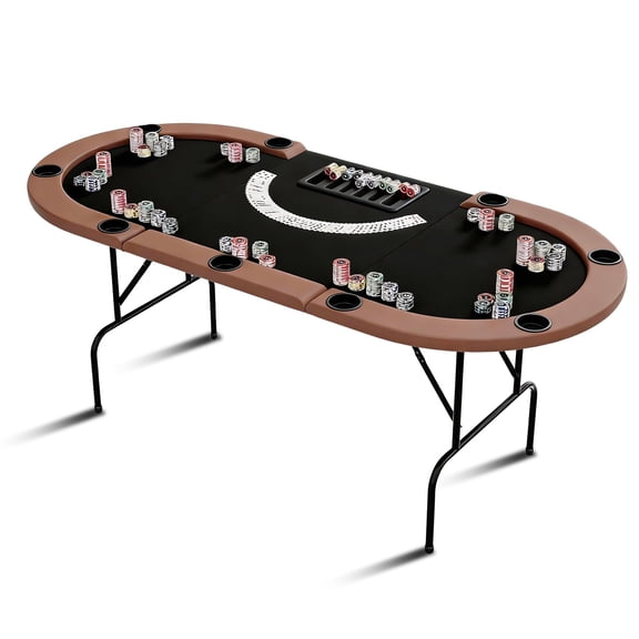 Garvee 81.5 Inch Texas Holdem Poker Table for 9 Players, Oval Casino Card Game Table with Brown PU Padded Rails and Built-In Cup Holders, Heavy Duty Iron Legs for Home Game Room