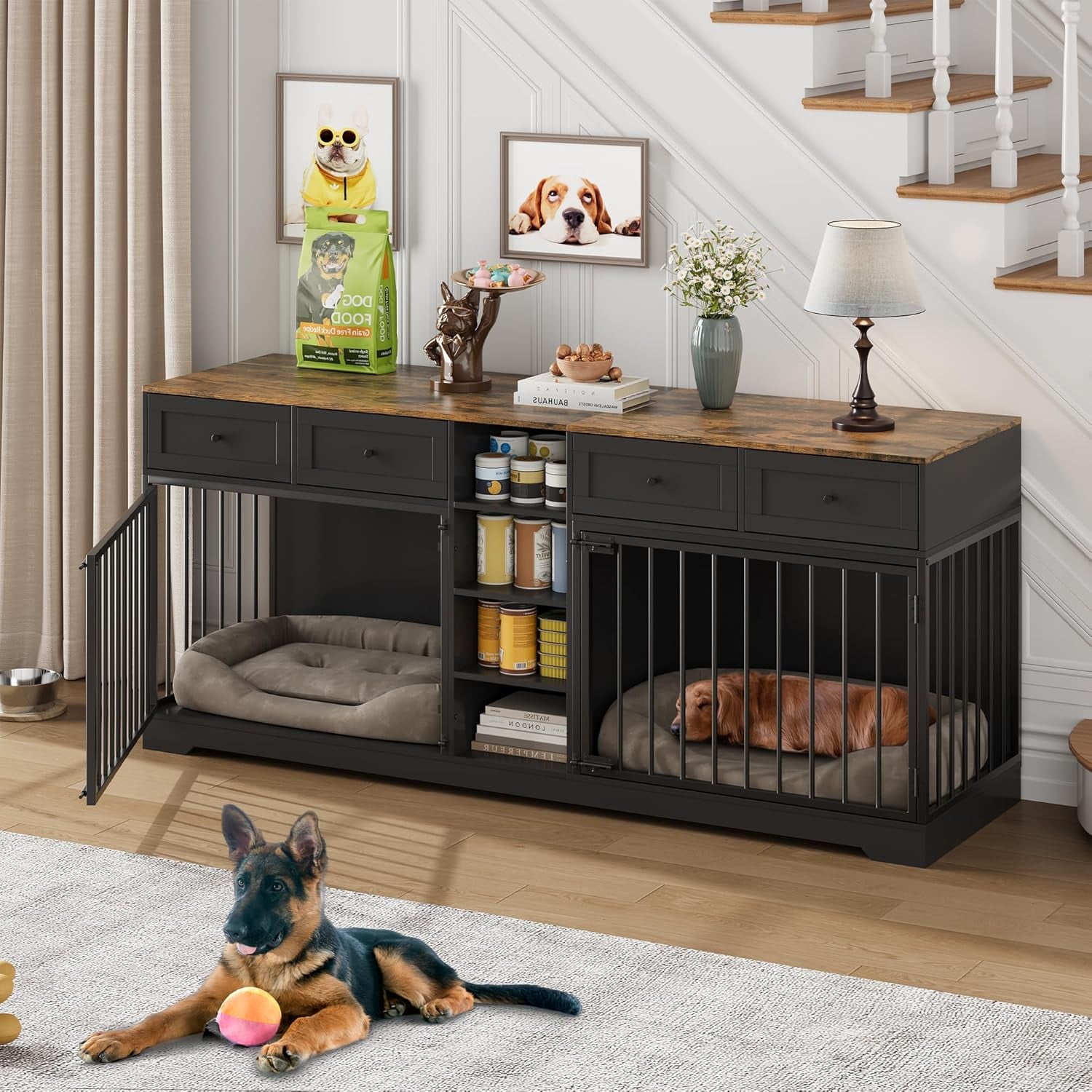 Garvee 82” Large Dog Crate for 2 Dogs, Double Dog Kennel Furniture with 4 Drawers & Shelves, Heavy-Duty Wooden Dog Crate TV Stand, Indoor Dog Cage for Medium to Large Dogs, Black