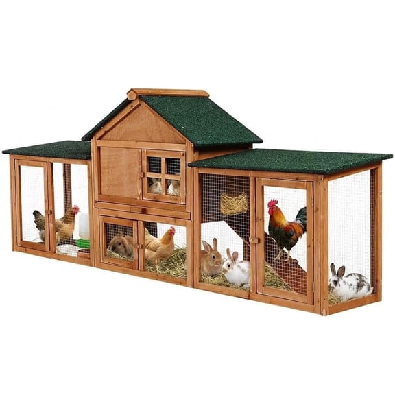 Garvee 82" Wooden Rabbit Hutch, Outdoor Chicken Coop & Bunny Cage, Dual-Side Runs, Weatherproof Roof, Removable Tray & Ramps