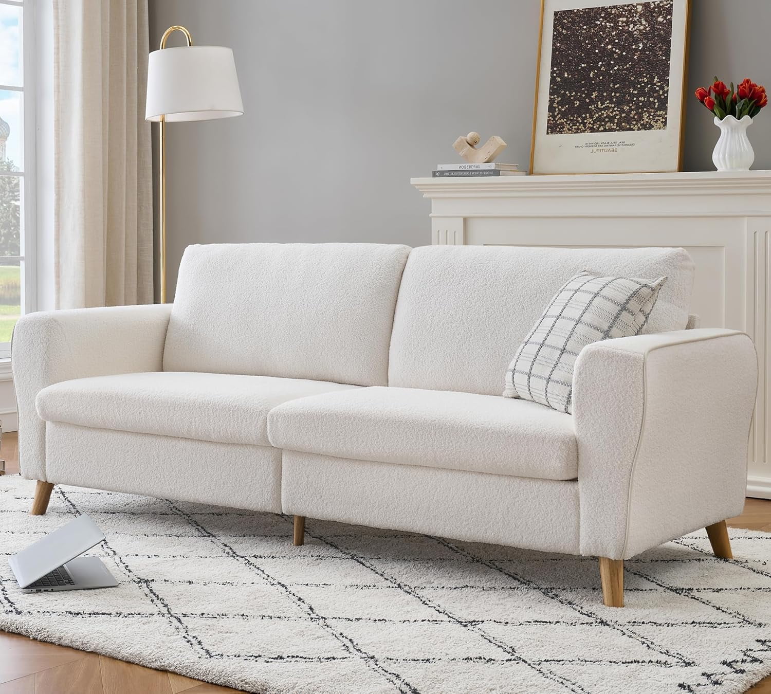 Garvee 84-Inch Bouclé Sofa Couch with Streamlined Armrests and Wood Feet, Modern 3-Seater Loveseat Sofa for Living Room, White