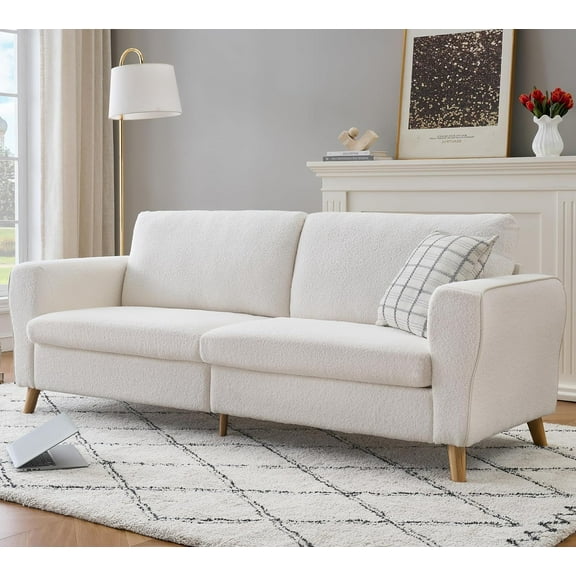 Garvee 84-Inch Bouclé Sofa Couch with Streamlined Armrests and Wood Feet, Modern 3-Seater Loveseat Sofa for Living Room, White